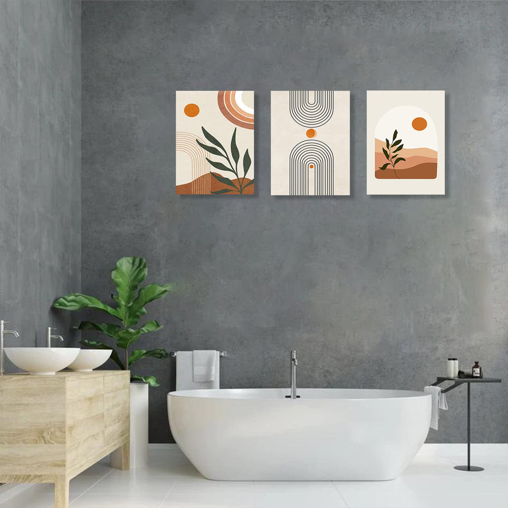 Boho Wall Art Set of 3, MidCentury Modern Wall Prints Framed Canvas Paintings Minimalist Abstract Geometric Beige