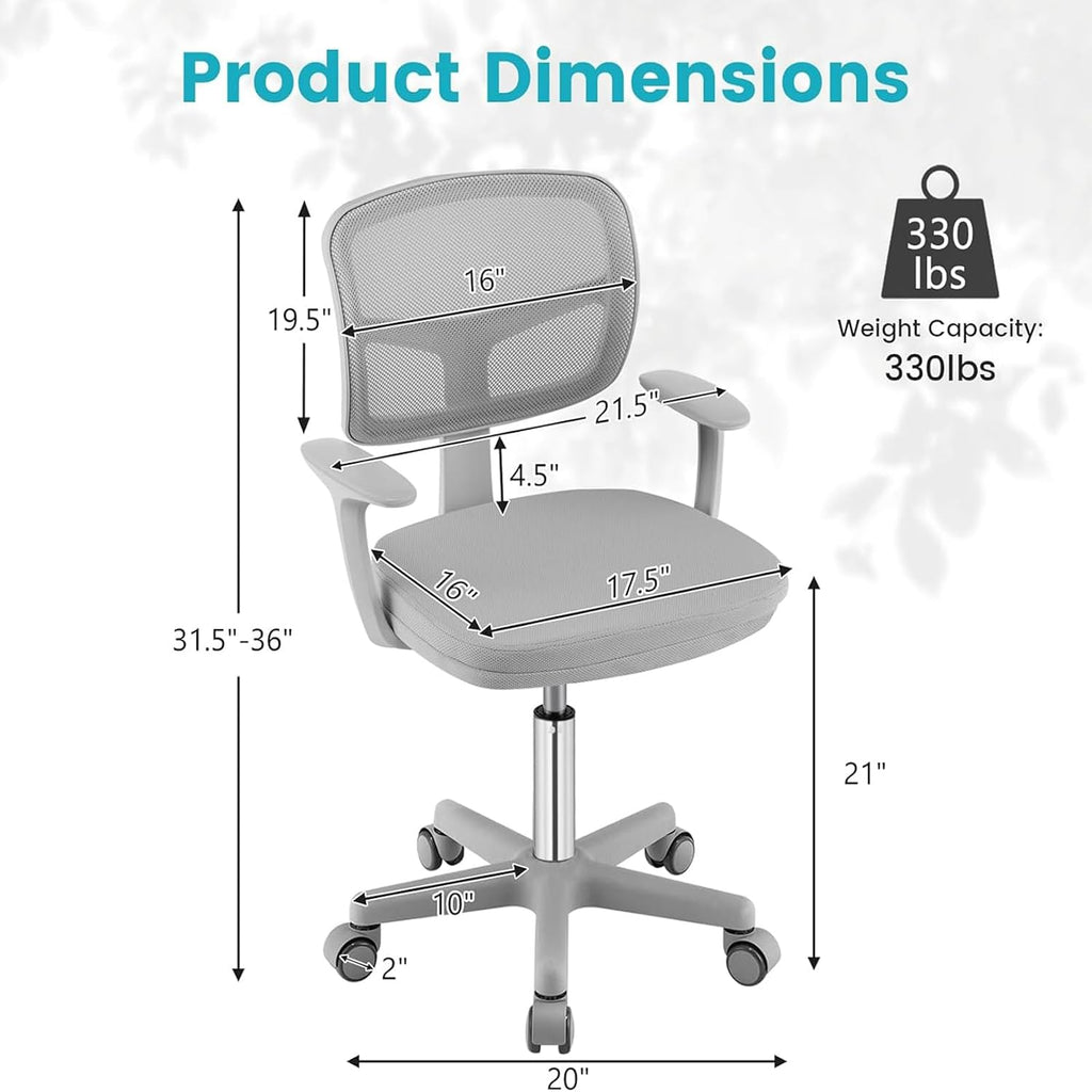 Kids Desk Chair with Detachable Cushion & Armrest, Grey