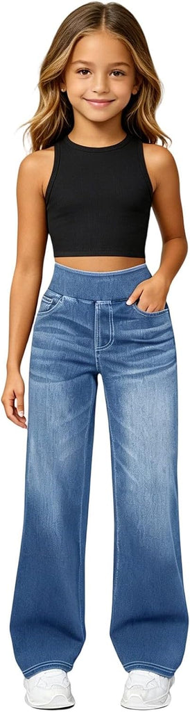 Girls Jeans Baggy Stretch Elastic Waisted Wide Leg Denim Pants Kids Casual Y2K Boyfriend Loose Fit Jeans Trendy