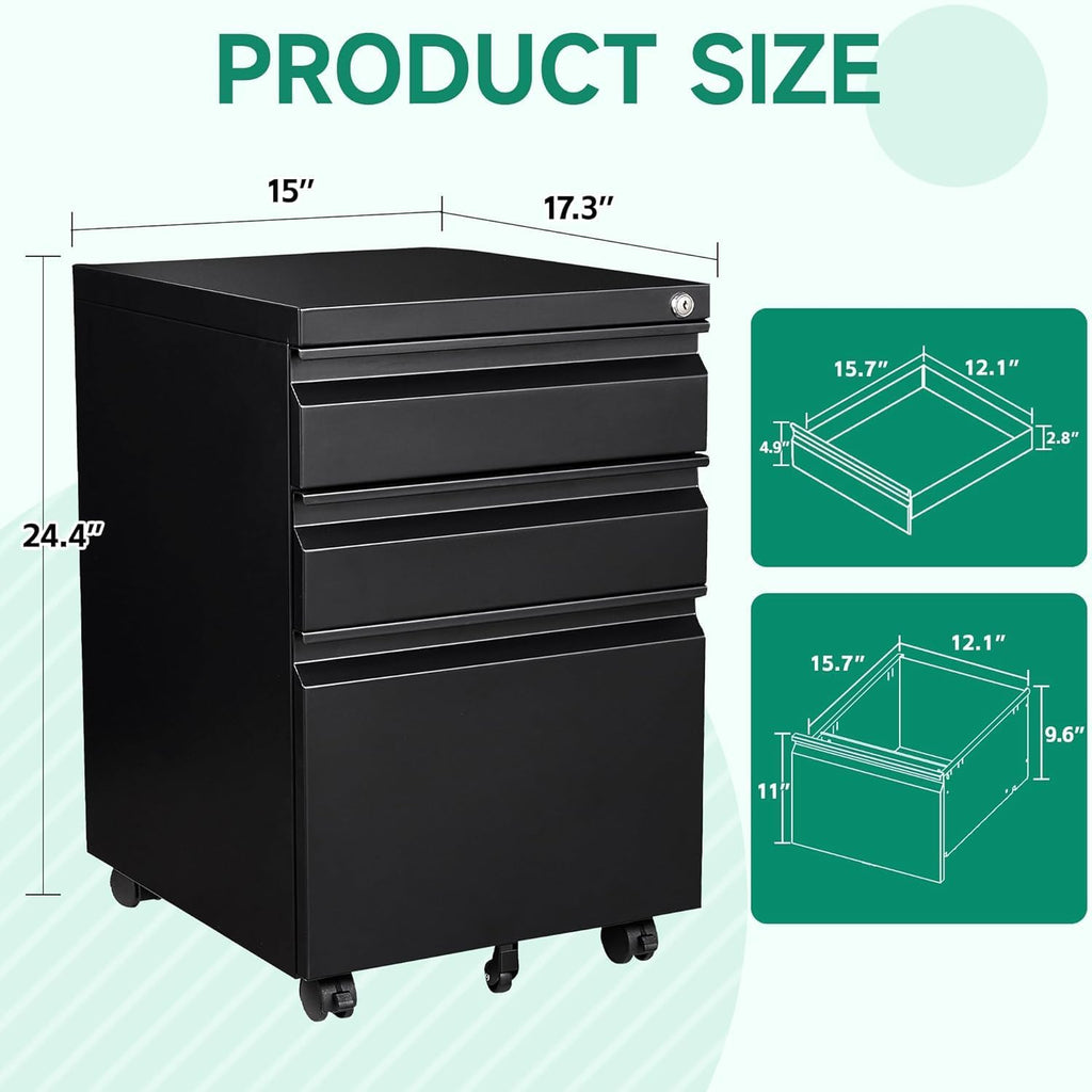 3 Drawer Mobile File Cabinet with Lock, Under Desk Metal Rolling Filing Cabinets Organizer Letters/Legal/A4 (Black