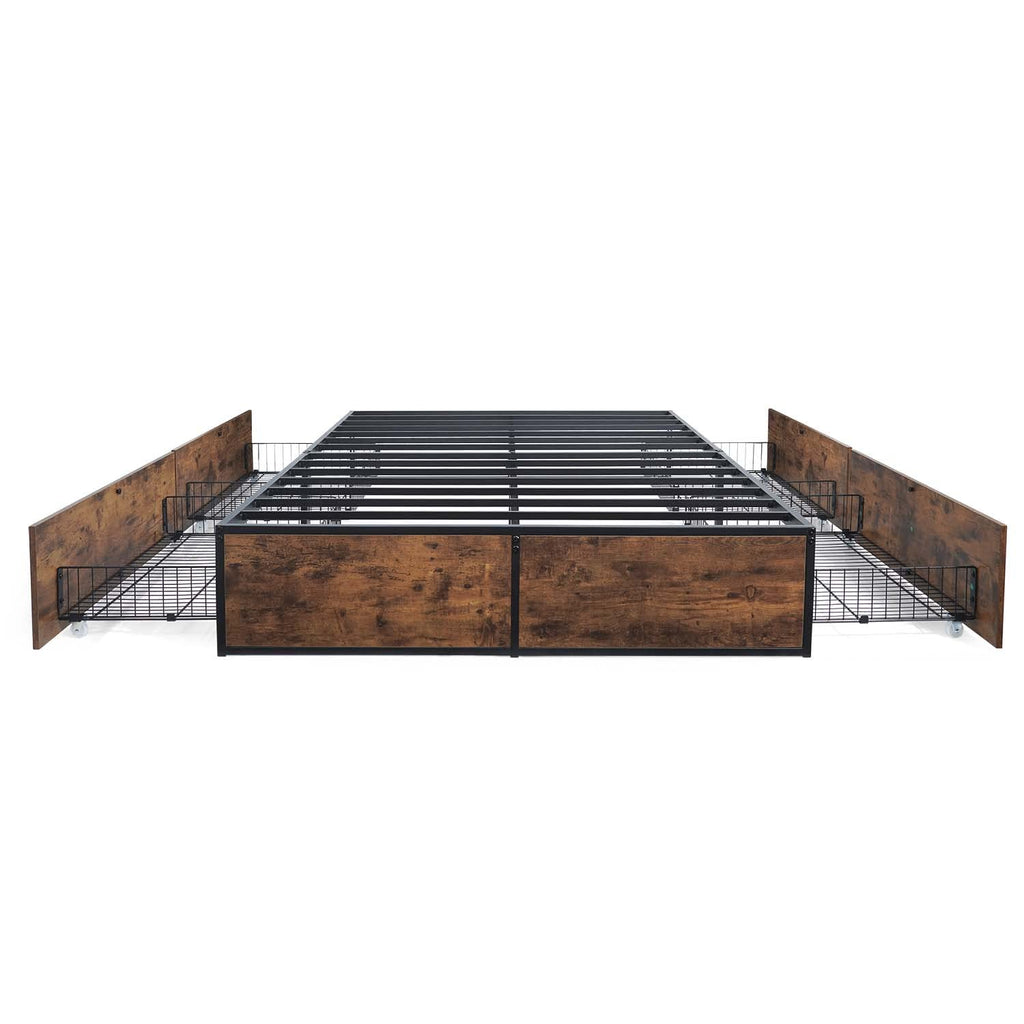 Industrial Metal Storage Bed Frame with 4 Drawers, Mattress Foundation with Metal Slat Support, Space Saving Platform