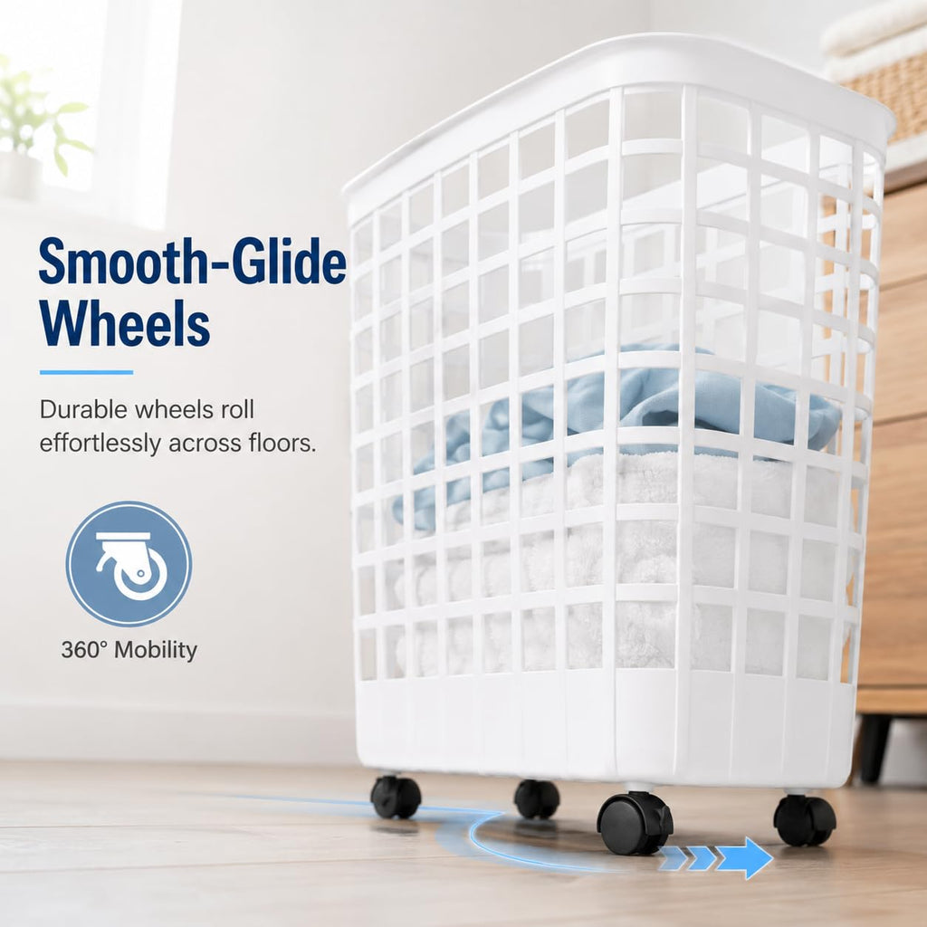 White Rolling Laundry Hamper 2.6 Bushel with Smooth-Glide Wheels