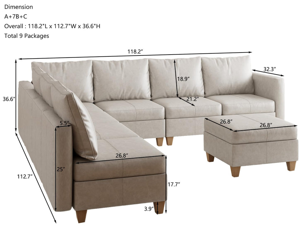 Leather Sectional Couch Sofa with Ottoman, U Shaped Faux Leather