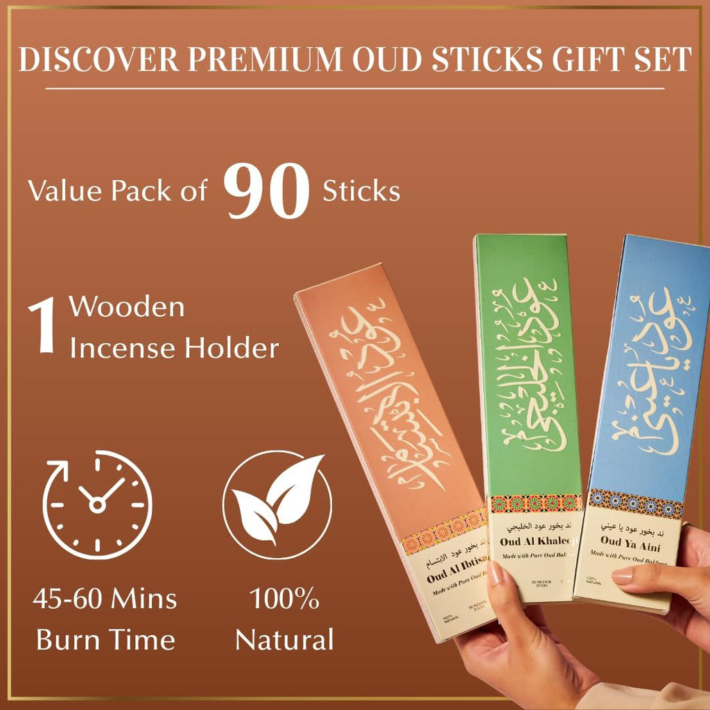 Arabian Oud Incense Sticks Gift Set|90 bakhoor Sticks & Holder - Set of 3