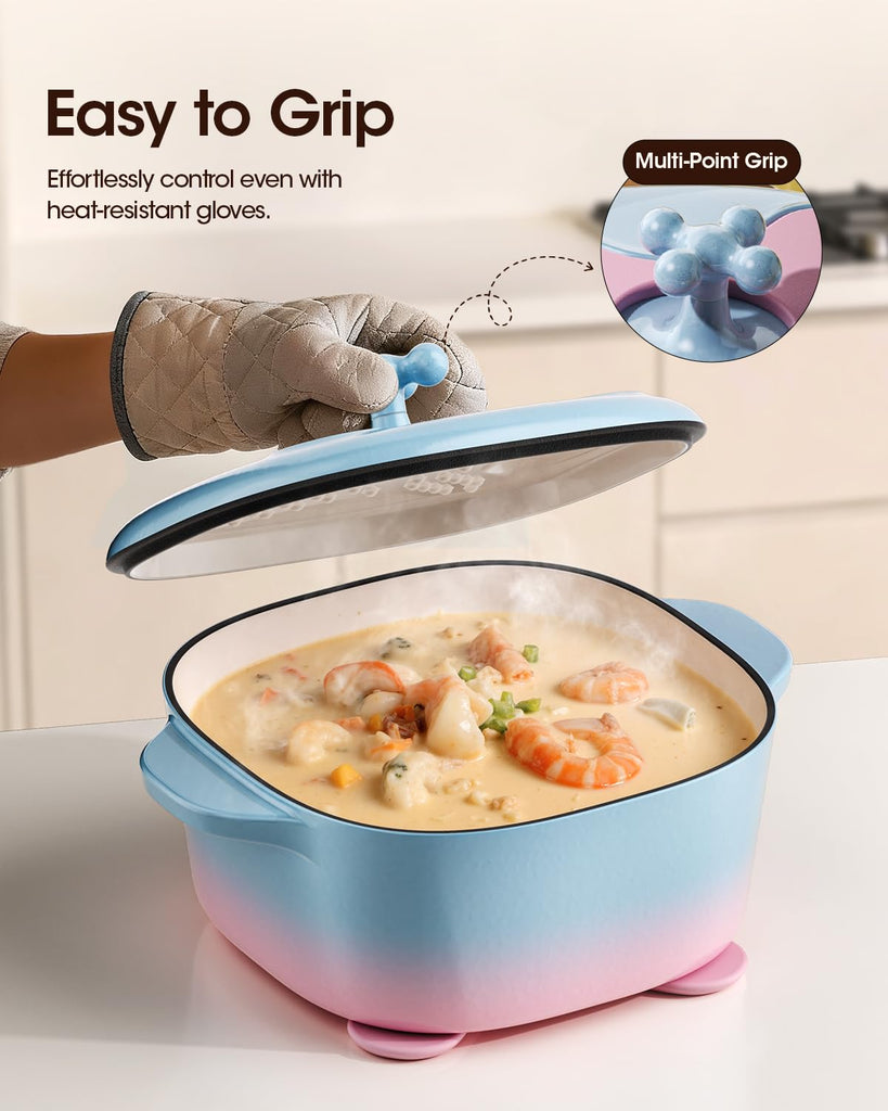 5 Quart Enameled Cast Iron Dutch Oven Pot with Lid, Rounded Square, Blue