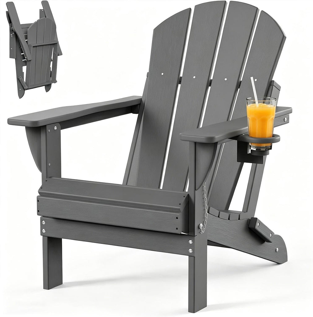 Folding Adirondack Chair, HDPE Outdoor Patio Chair with Cup Holder | Foldable design, weather-resistant HDPE