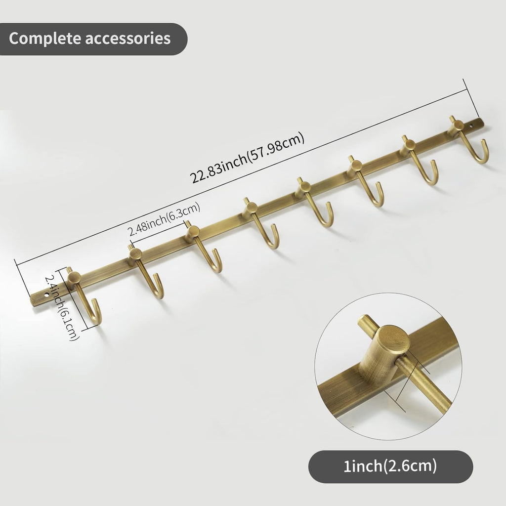 Antique Brass Hooks, 8 Hook Coat Rack, Bath Wall Mounted Vintage Brushed Brass Bathroom Row Hooks Rustic Towels Coats