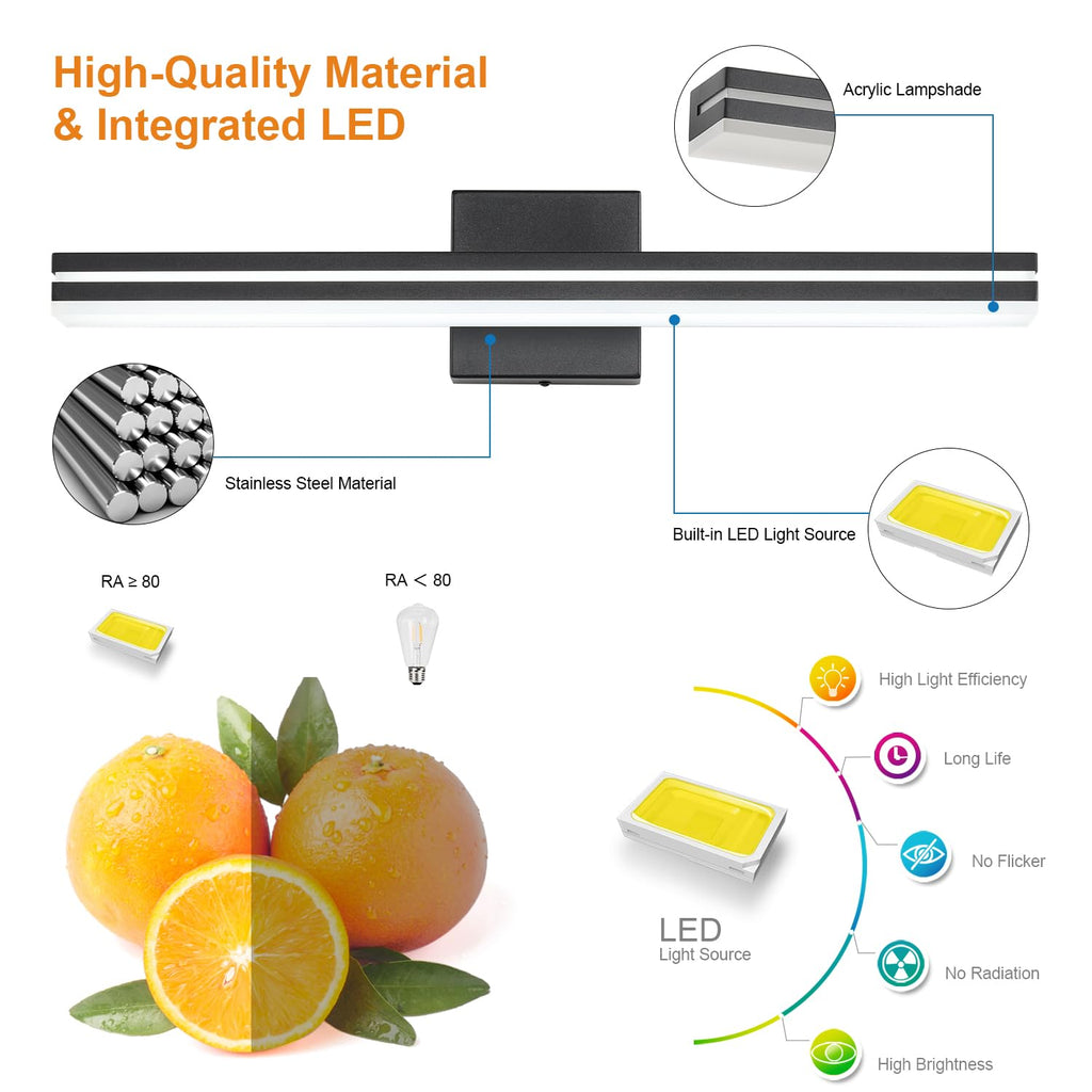 LED Modern Bathroom Vanity Light Bar (24-Inch, 3000K/4000K/6000K), Matte Black Dimmable Modern Acrylic Bathroom Wall
