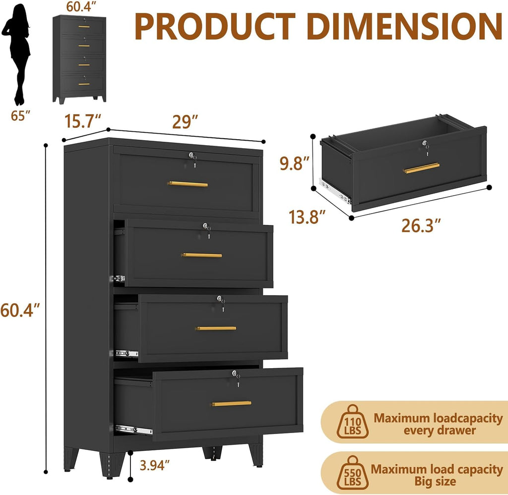 4 Drawer Metal File Cabinet with Lock,Lateral Filing Storage Cabinets,Steel Wide File Organization for