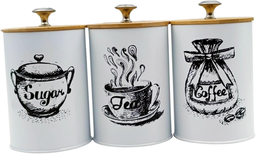 3-Piece Kitchen Canister Set for Coffee Tea Sugar, Iron and Bamboo Countertop Storage Jars with Dustproof Lids - Set of 3