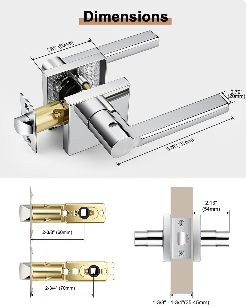 Passage Interior Door Handles, 8 Pack Polished Chrome Square Levers Without Lock, Reversible for Closet & Hallway