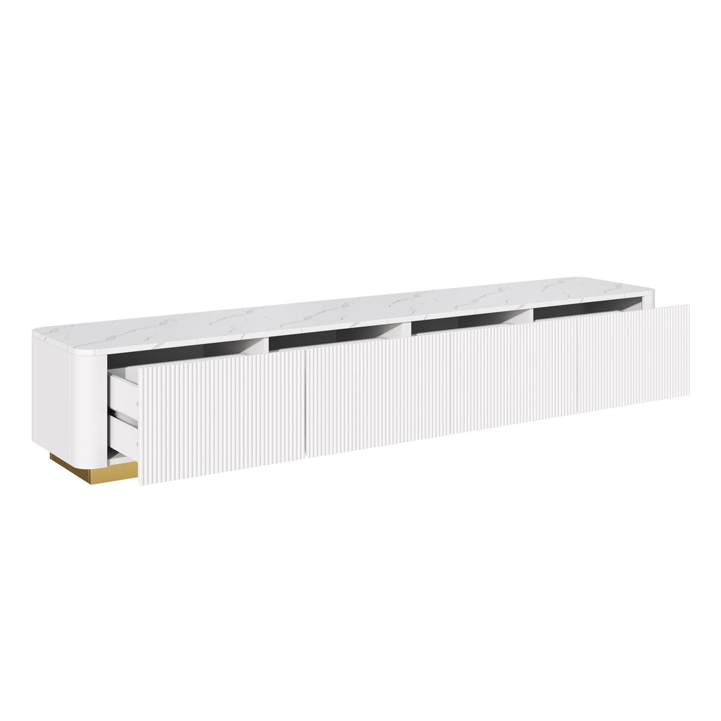 Fluted TV Stand with Gold Base and 4 Drawers, White