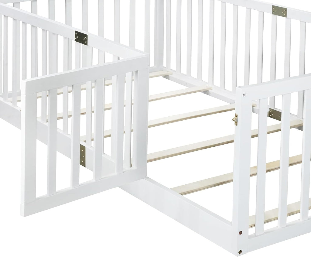 Twin Size Floor Bed with Slats and Door, Twin Size Montessori Floor Bed with High Fence, Low Profile Montessori Beds