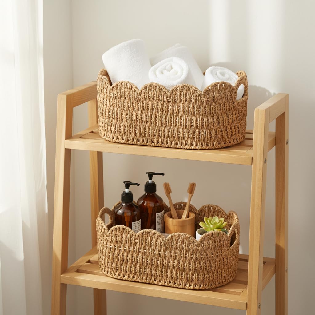 Paper Rope Scalloped Basket Set of 2, Wicker Storage Baskets for Shelves, Gifts, Books, Toys, Cute Decor Rattan Baskets