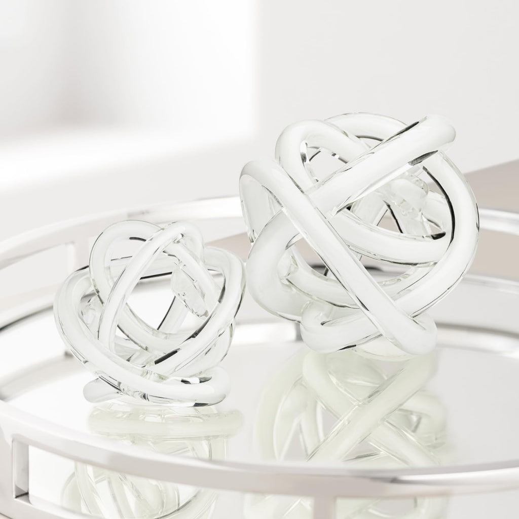 Orbit 4.5" Hand Blown White Glass Knot Sculpture, Table Decor