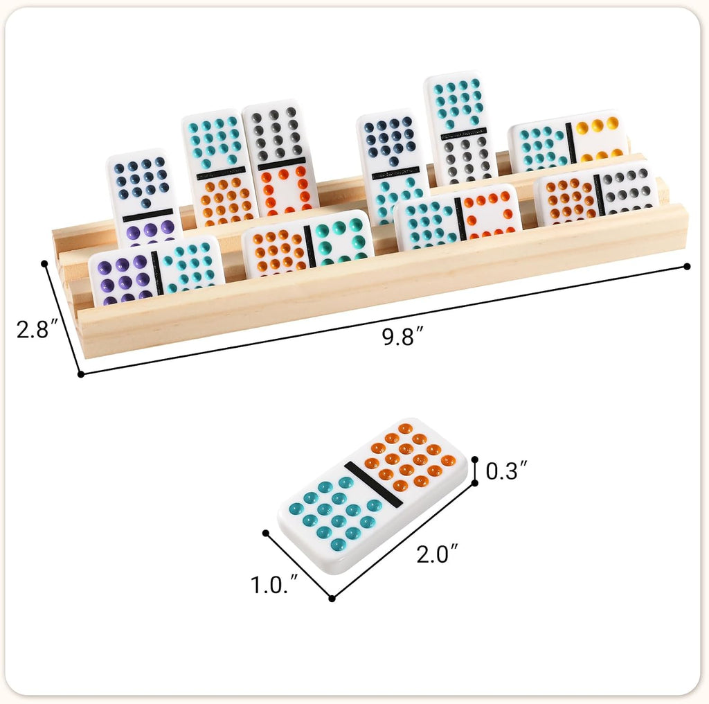 Mexican Train Dominoes Set with 8 Wooden Trays/Racks, Double 15 Dominos Travel Set with 8 Tiles Holders, 136 Tiles - Set of 136