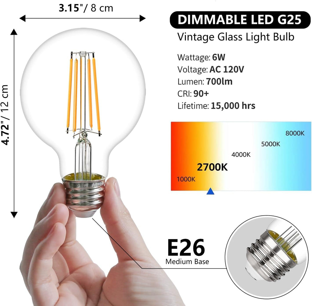 G25 LED Edison Vanity Globe Light Bulbs, LED Filament Light Bulb, 6W Equivalent to 60W, G80 Dimmable 700LM E26 Medium
