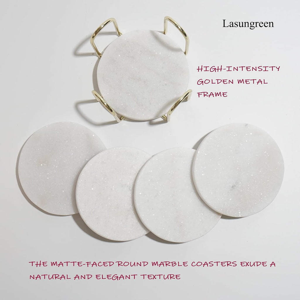 Inches Modern Shining White Marble Coasters with Gold Metal Holder, Round Natural Stone Drink Coasters - Set of 5