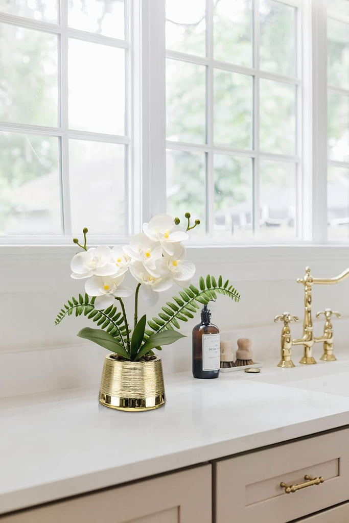 White Orchids Artificial Flowers in Gold Pot Faux Phaleanopsis Orchid Bonsia Fake Orchid Centerpiece - Set of 2