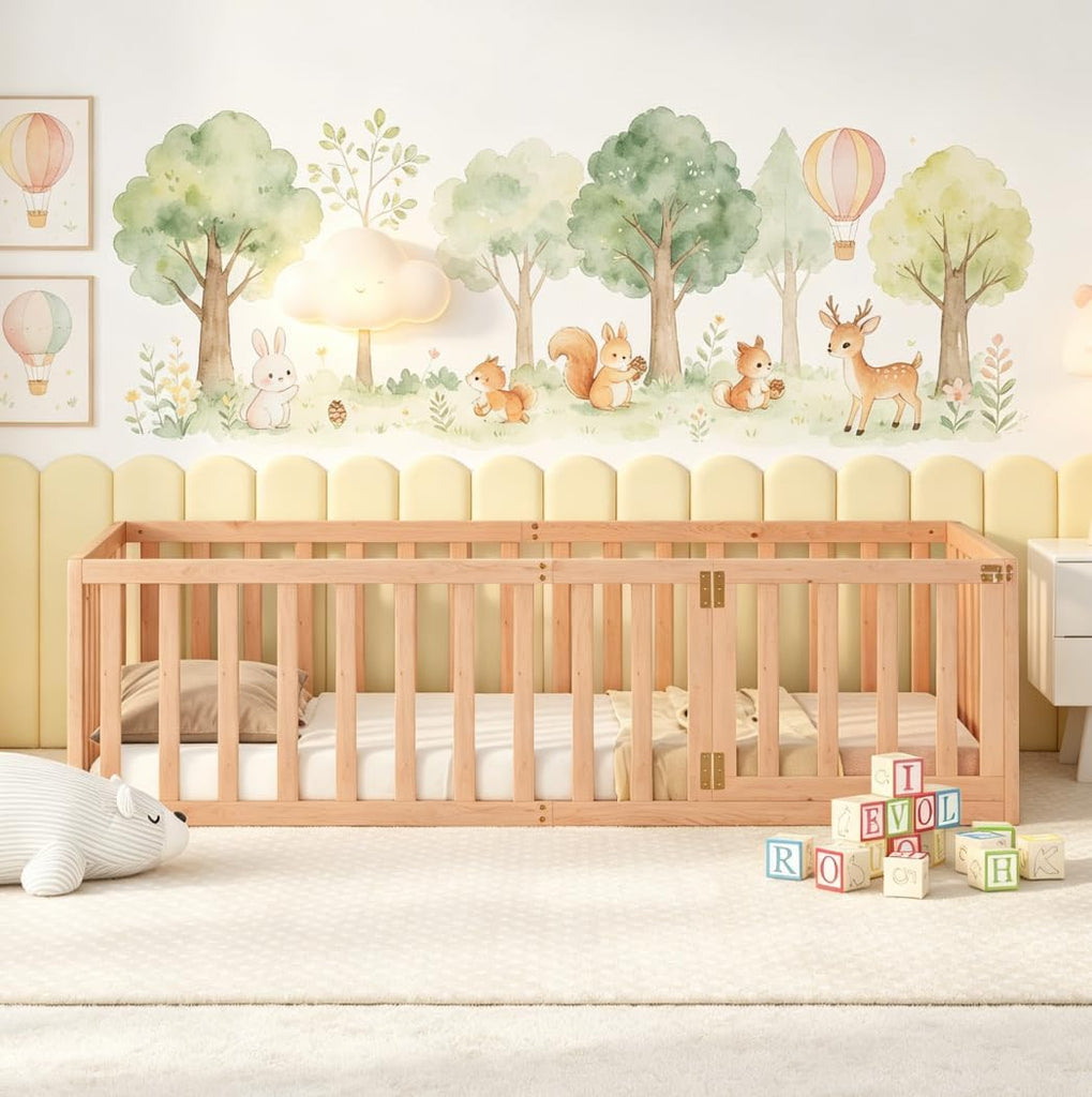 Montessori Floor Bed with 21.7" High Rails, Pine, Plywood Floor Bed with Small Door, Natural