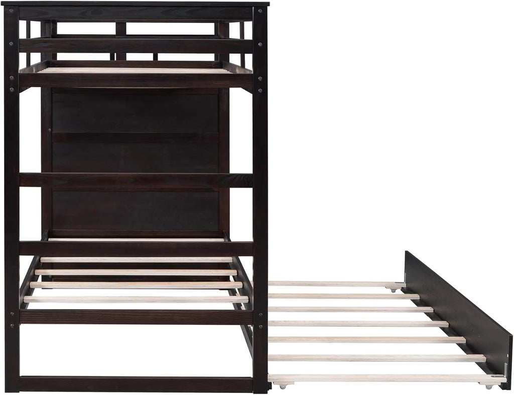 Twin Over Twin Bunk Bed with Stairs and Trundle, Wooden Bunk Bed Frame with Storage Staircase, Espresso