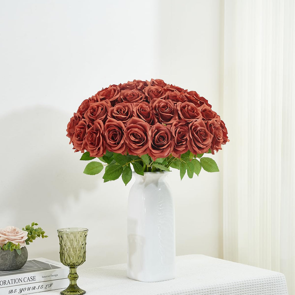 50pcs Burnt Orange Roses Artificial Flowers Bulk, Fake Roses Silk Flower with Stems Realistic Flowers for Wedding
