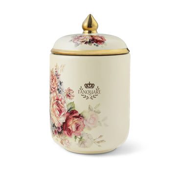 Porcelain Tea Canister, Normal Size Ceramic Jar, Vintage Gold Floral Countertop Container for Sugar, Tea, Coffee