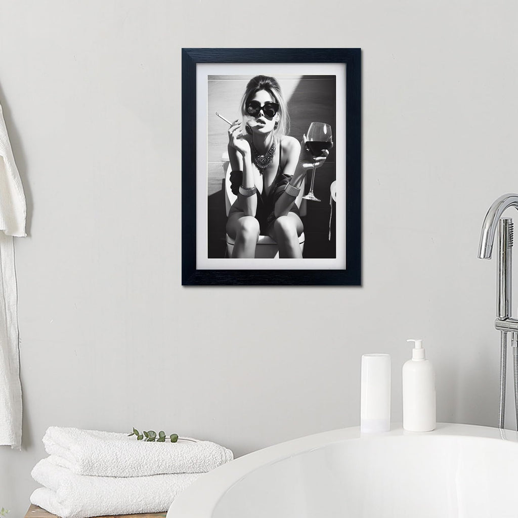 Framed Girl on Toilet Wall Decor, Woman on Toilet Smoking and Drinking Wine, Black and White Bathroom Wall Art, Funny