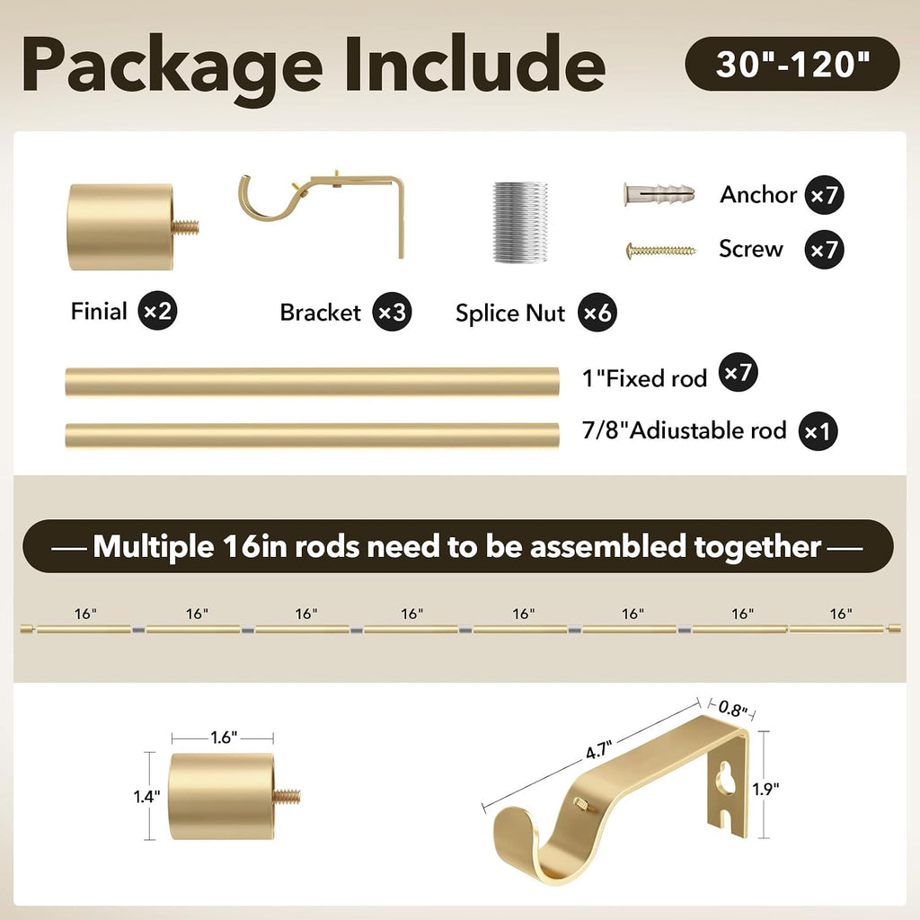 Heavy Duty Curtain Rods for Windows 66 to 120 Inch, 1 Inch Gold Curtain Rod Adjustable, Decorative Long Curtains Rods