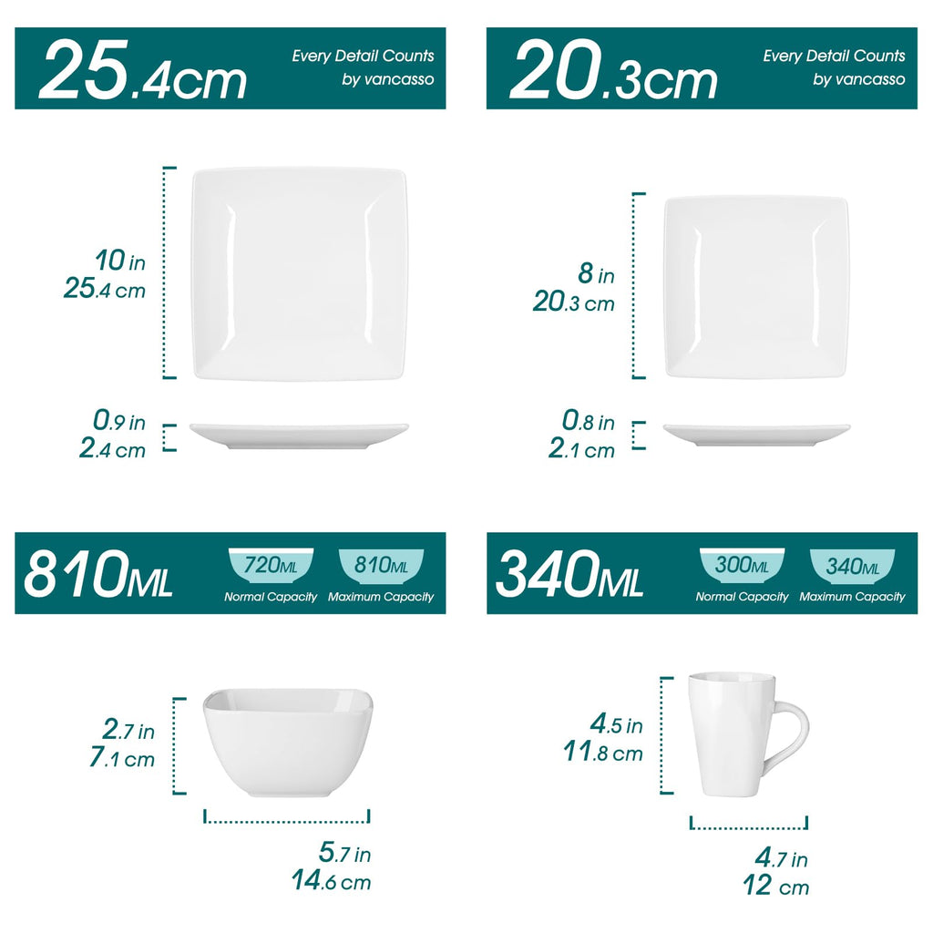 Soho Dinnerware Sets 24 Pieces, White Stoneware Square Place Setting, Dinner Plate, Dessert Plate, Cups and Plates