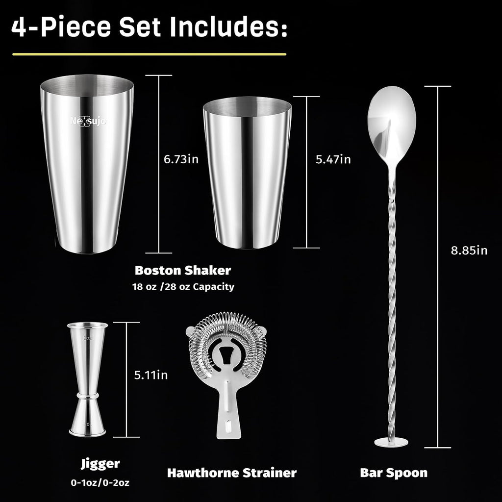 Boston Cocktail Shaker Set, 4-Piece Bar Tools Set, Professional Bar Set with Boston Shaker, Bar Spoon, Jigger - Set of 4