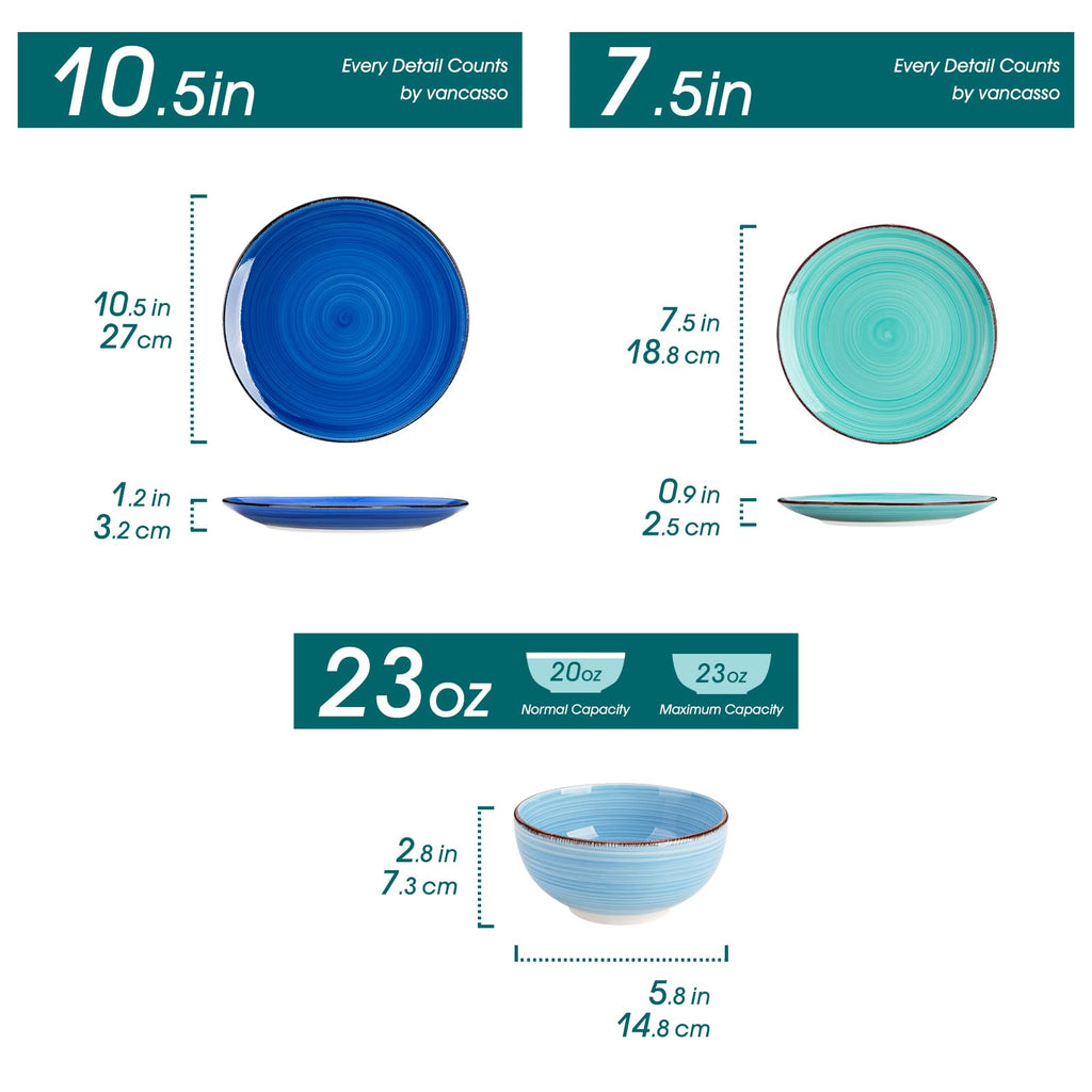 Bonita Plates and Bowls Set 18 Pieces Blue Stoneware Service for 6