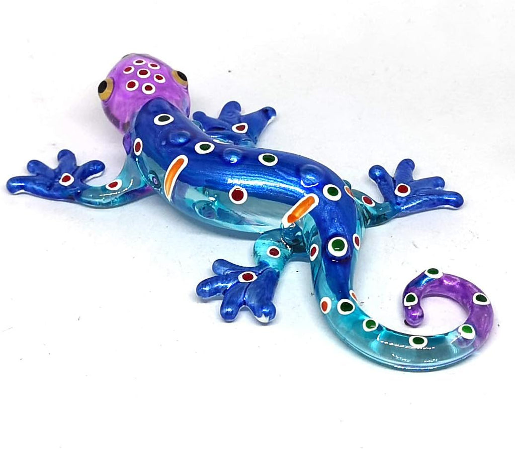 Glass Gecko Figurine Blue Miniature Hand Blown Lampwork Animal Statue Decor