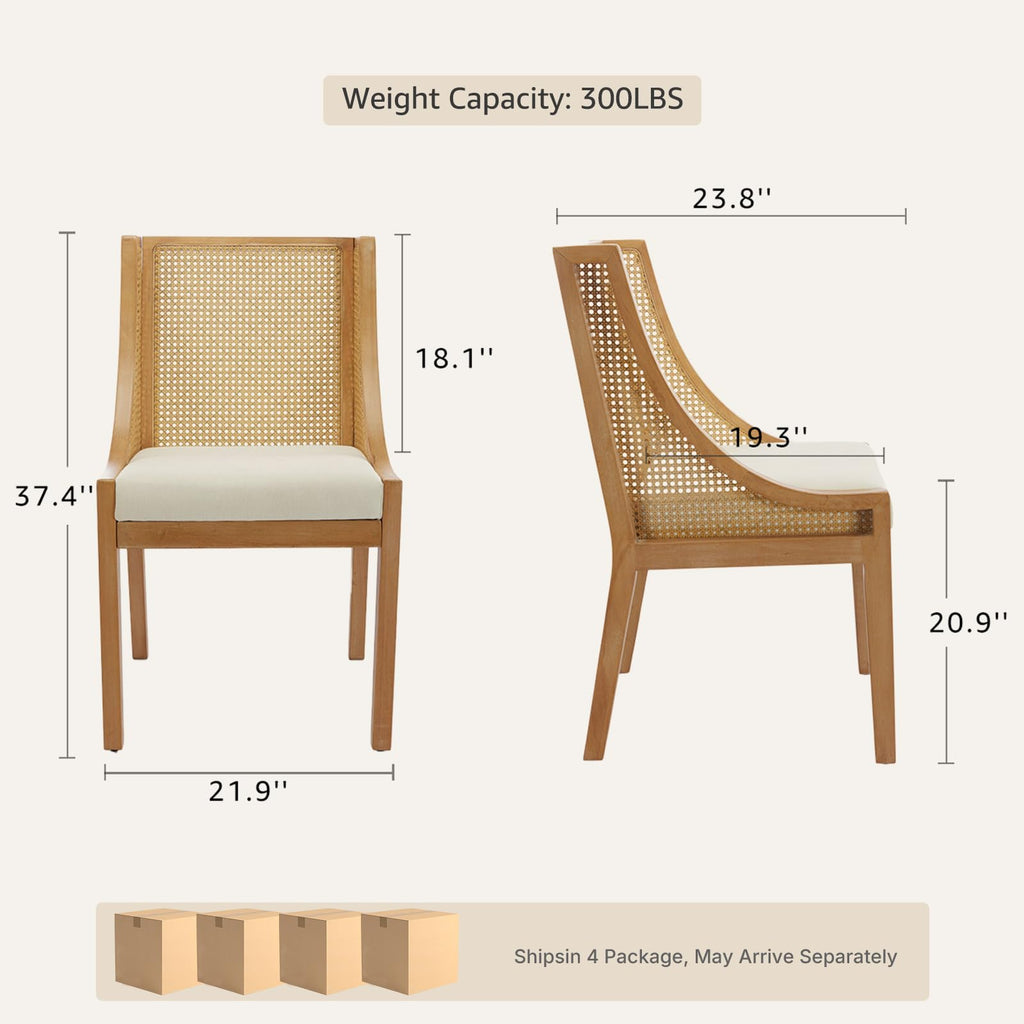 Mid Century Modern Dining Chairs Set of 8, Rattan Dinning Chair with a Square Back, Cream Cane Dining Chair, Linen