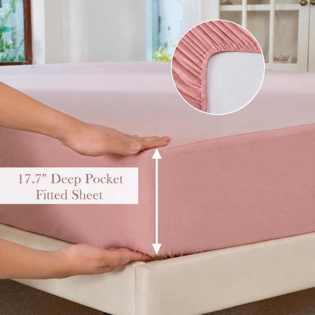 Blush Floral 100% Washed Cotton Sheets Set, 4 Piece Vintage Ruffle Bed Sheets with Lace Trim, Shabby Pink French