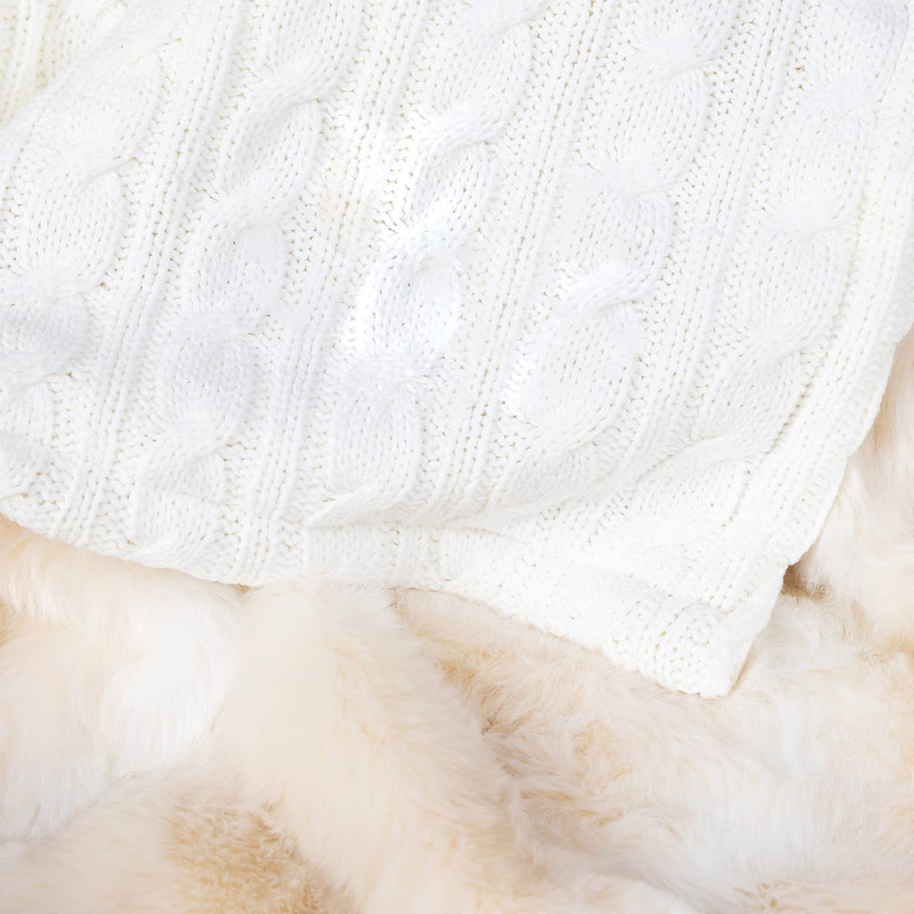 Cable Knit Plush Cotton Luxury Heavy Throw Blanket with Ulta-Soft Faux Fur Lining Decor (White, 50 x 60 inches)