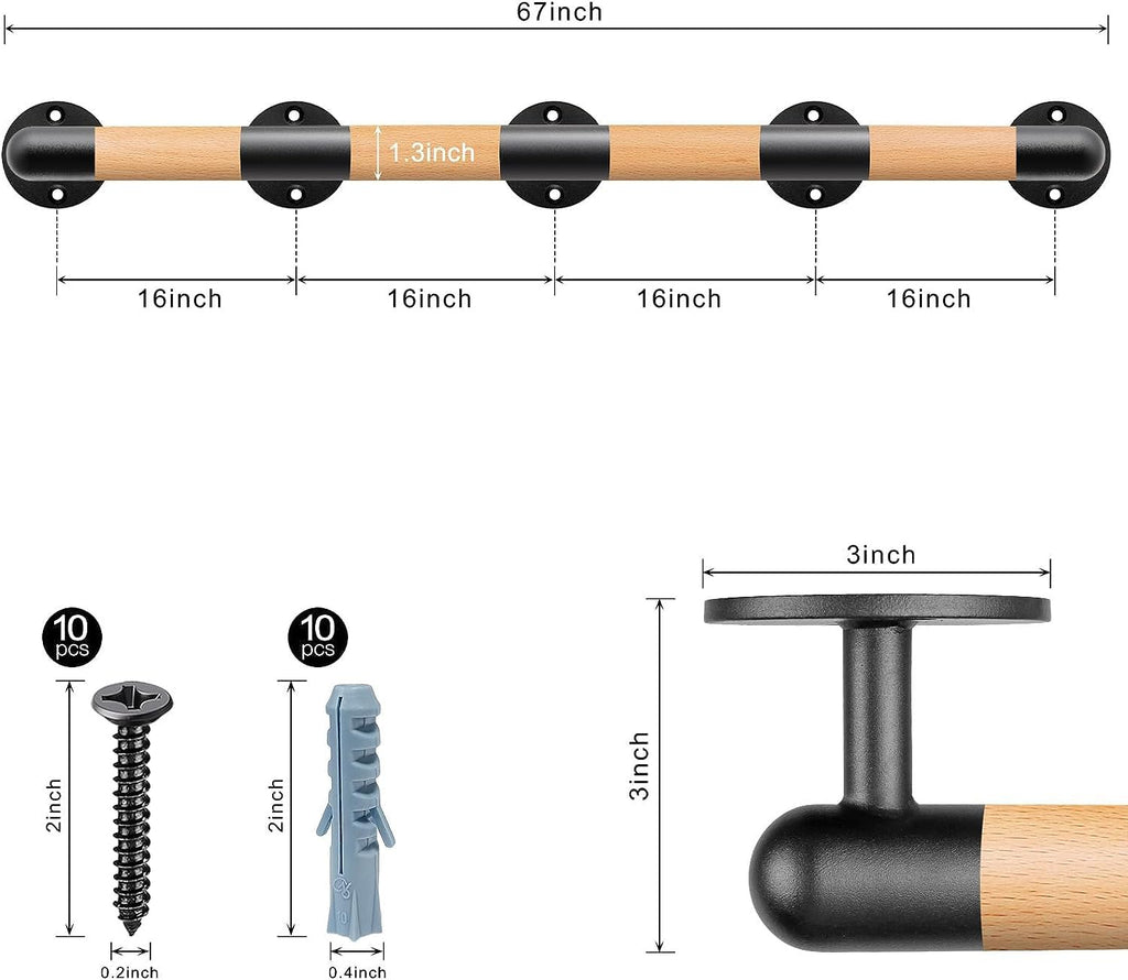 67 Inch Wood Handrail Wall Mount Handrails for Indoor Stairs