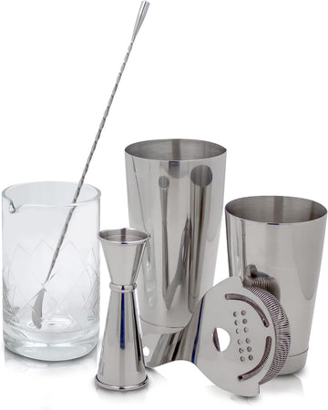 Professional Bartending Set for Shaken and Stirred Drinks: Boston Cocktail Shaker, Hawthorne Strainer, Japanese - Set of 6