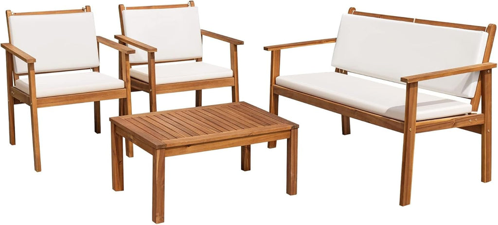 Patio Furniture 4 Piece Outdoor Acacia Wood Patio Conversation Sofa Set with Table & Cushions Porch Furniture for Deck