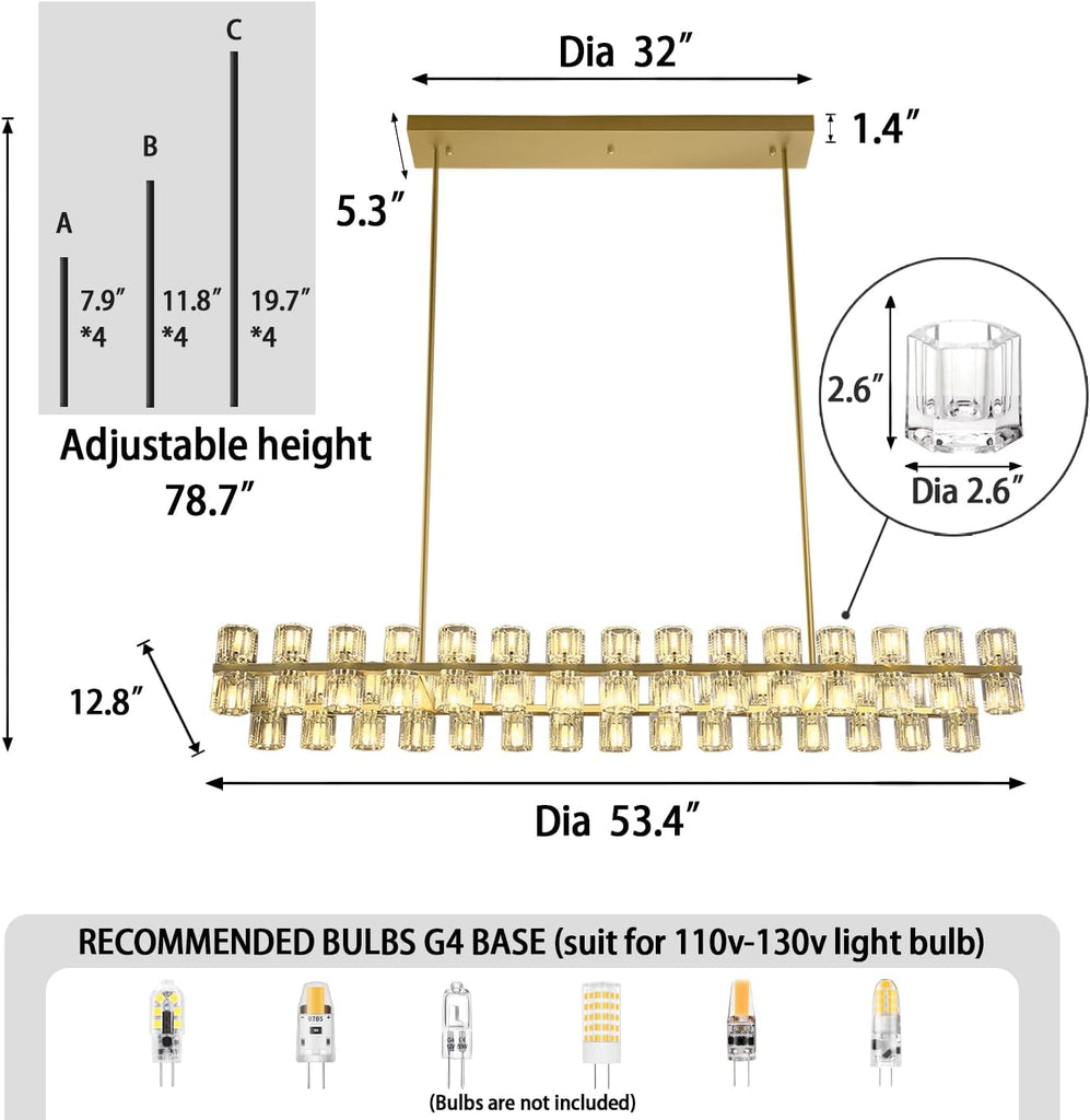 Gold Rectangular Crystal Chandelier Light Fixture 53.4 in Dining Room Chandelier Over Table Modern Farmhouse Ceiling Pendant Hanging Light Fixture for Living Room, Kitchen Island (Bulb not Included) A117-B0DG2MXBPD