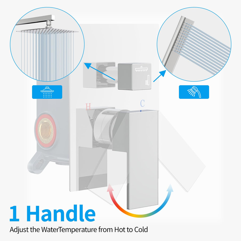 Shower System, 10 Inch High Pressure Wall Mounted Square Shower Faucet Set Complete With Handheld And Valve, Chrome