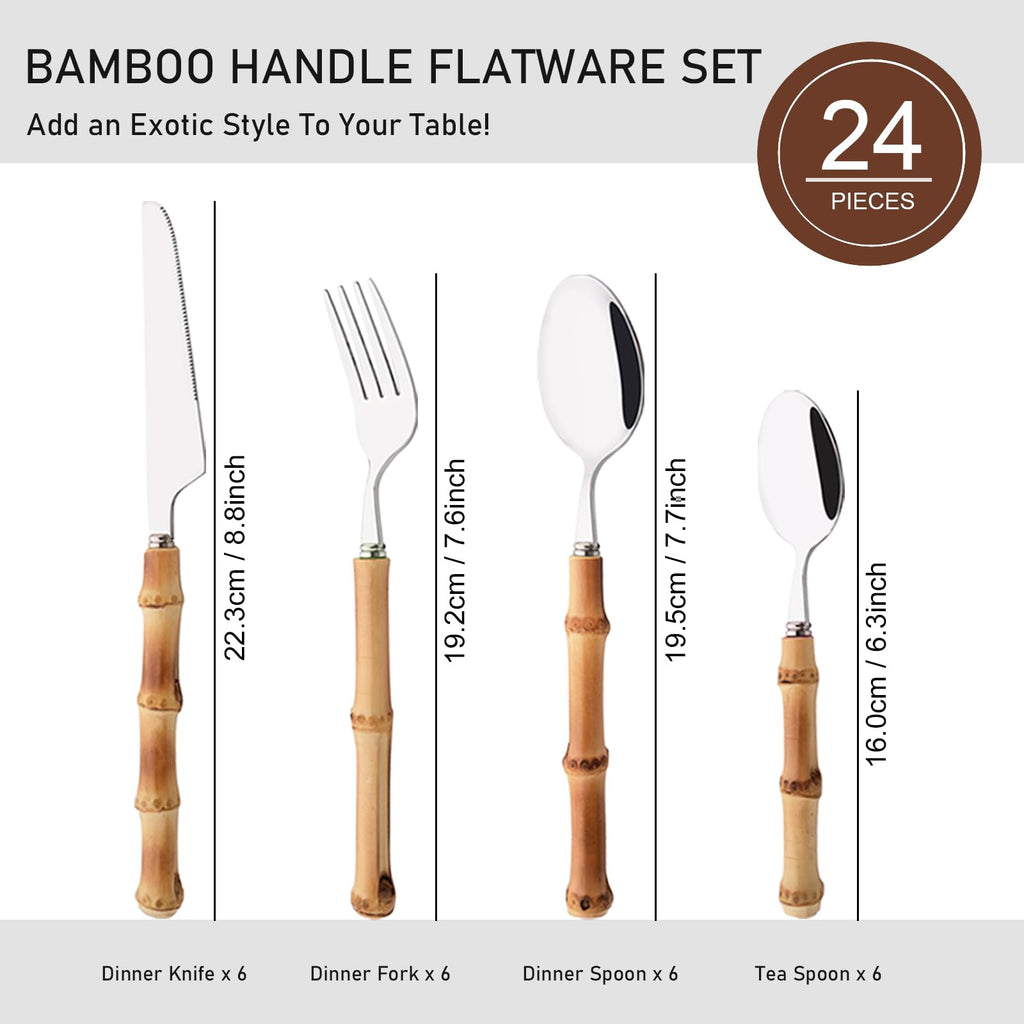 Bamboo Handle Silverware Set, 24-Piece Flatware Set for 6, Stainless Steel Cutlery Eating Utensils Include Forks