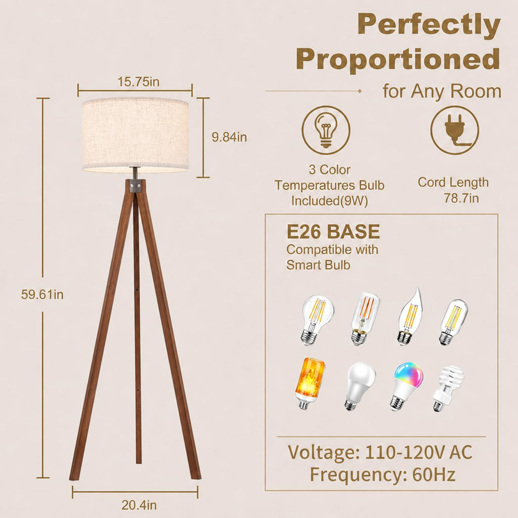 Wood Tripod Floor Lamp, 3 Color Temperatures