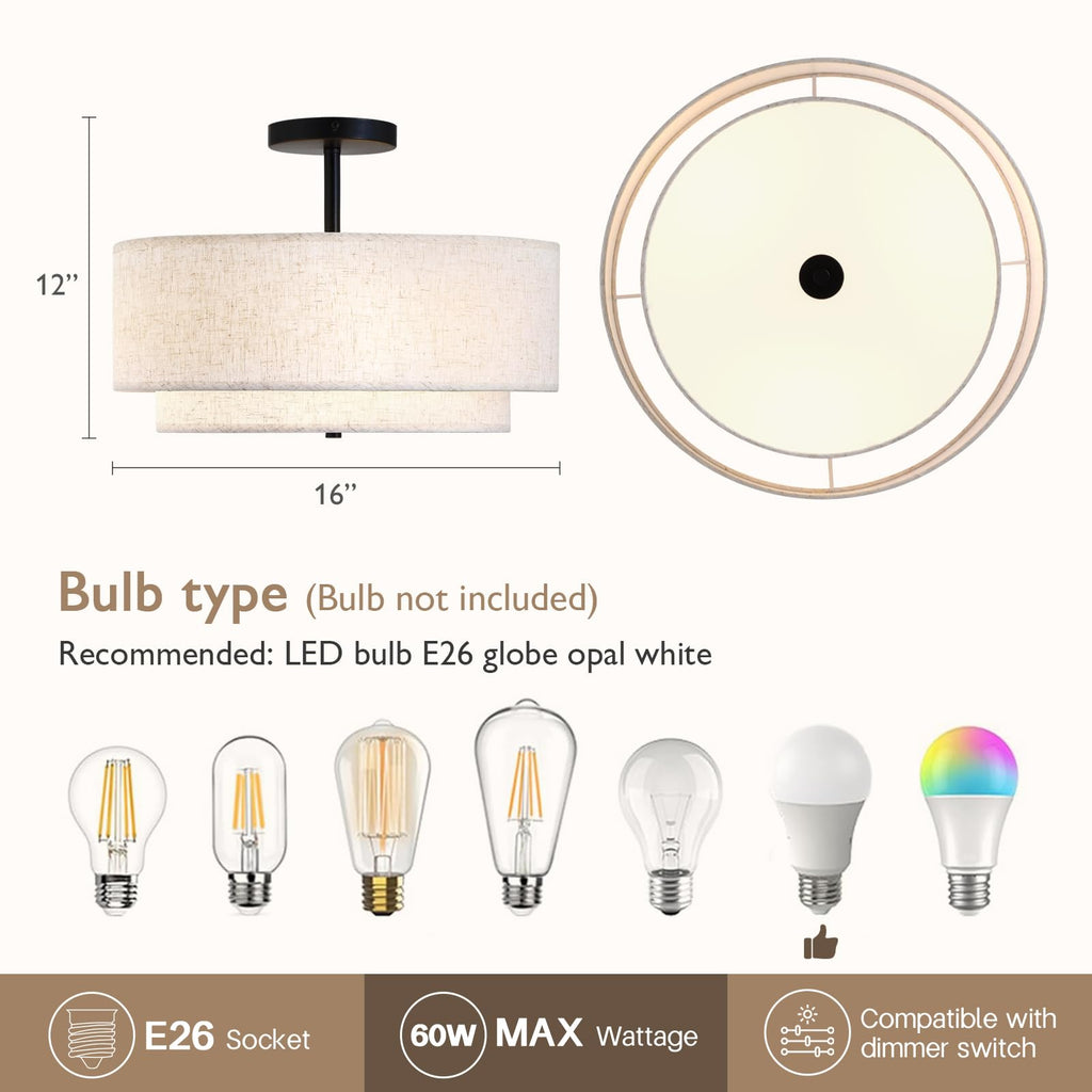 16" Double Drum 3-Light Semi Flush Mount Ceiling Light, Classic Fabric Linen Shade Design