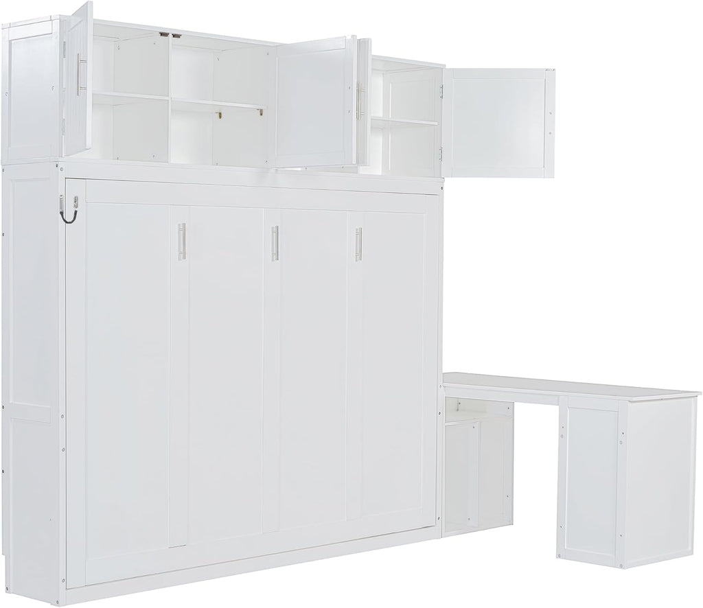 Queen Murphy Bed, Wooden Queen Wall Bed Frame with Desk and Storage Shelves and Big Cabinets, White