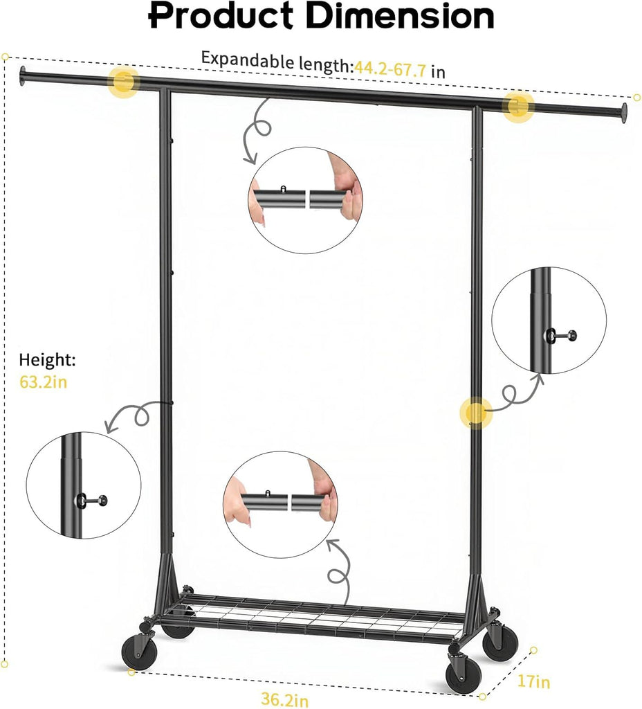 Heavy Duty Rolling Garment Rack with Wheels, 550LBS Clothing Rack Black