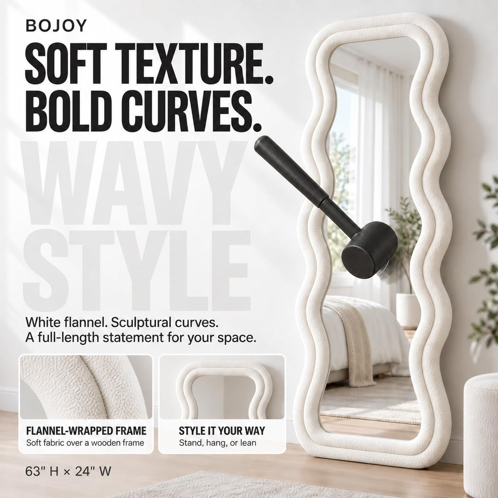Full Length Wavy Mirror, 63"x24", Arched Floor & Wall Mirror - Standing, Hanging or Leaning - Flannel Wrapped Wooden