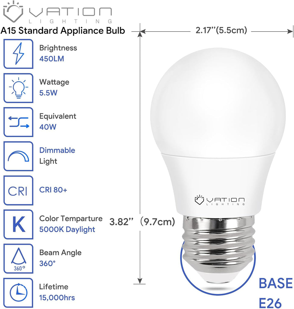 A15 LED Refrigerator Light Bulbs, 40W Appliance Bulb, Daylight 5000K, 10 PK