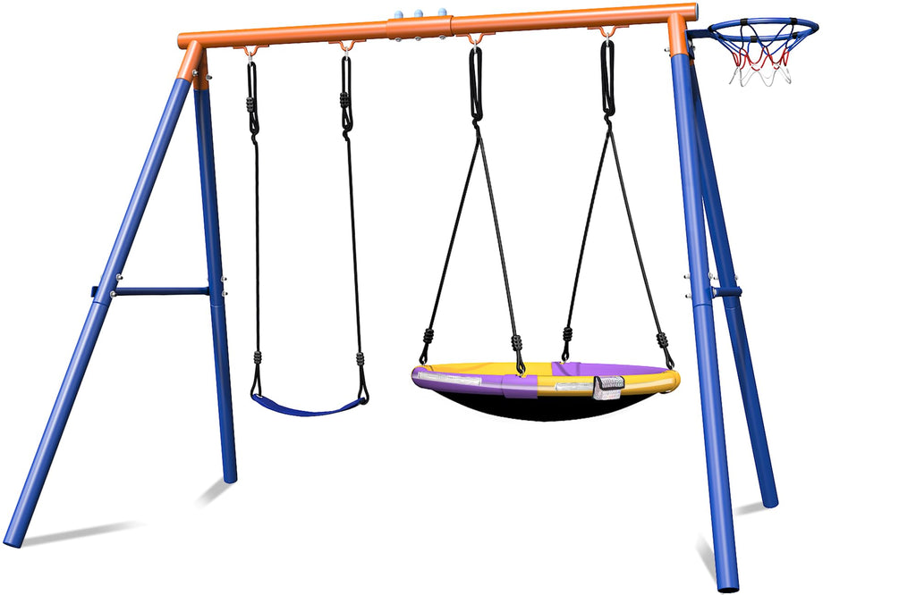 4-in-1 Swing Sets with Stand for Backyard, 440lbs Outdoor Saucer Swing Set for Kids, Heavy-Duty A-Frame Metal Playset