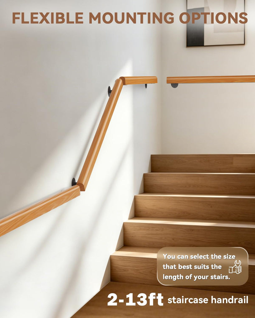 13FT Wooden Stair Railings, Wall-Mount Hand Rails for Indoor Outdoor Stairs